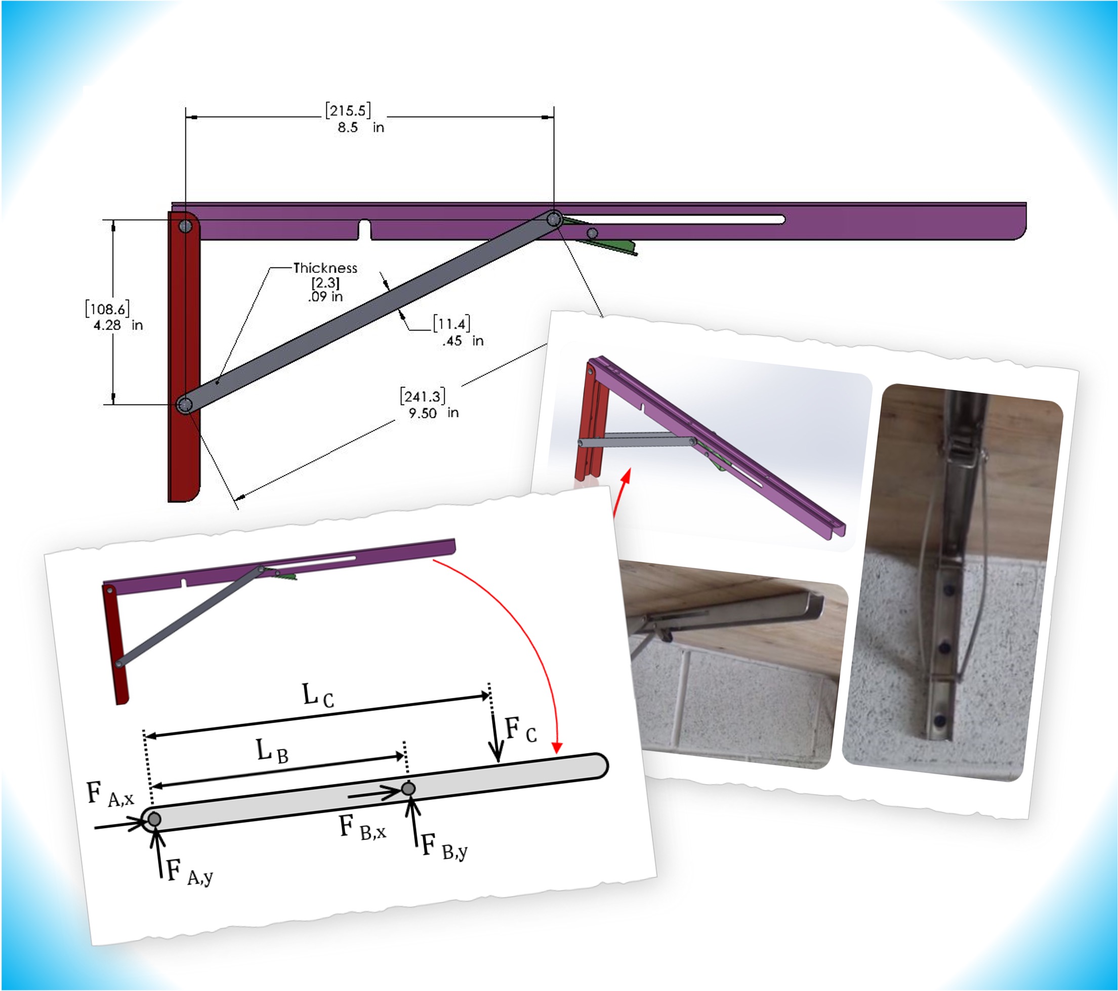 Folding Shelf Bracket model with images showing buckling and part of the beam bending analysis.